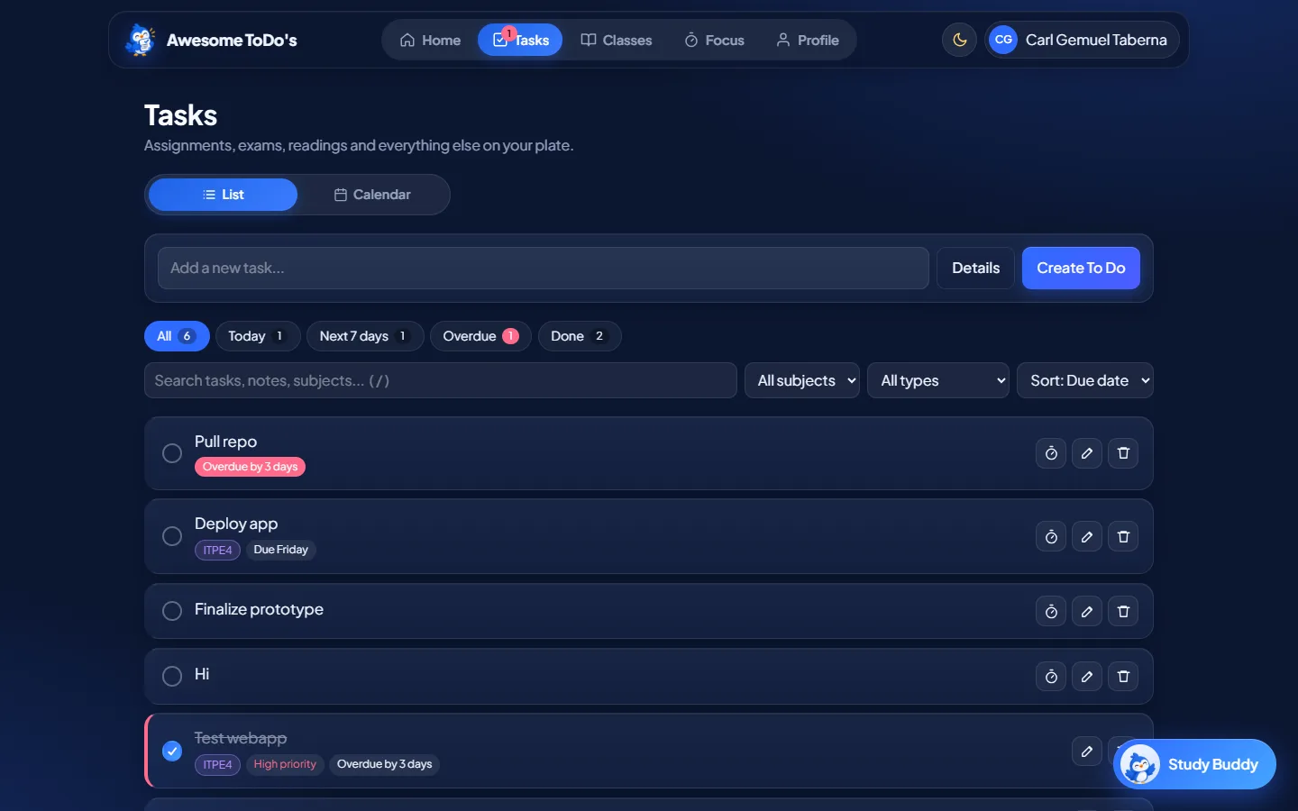 Task list with filters, search and sorting