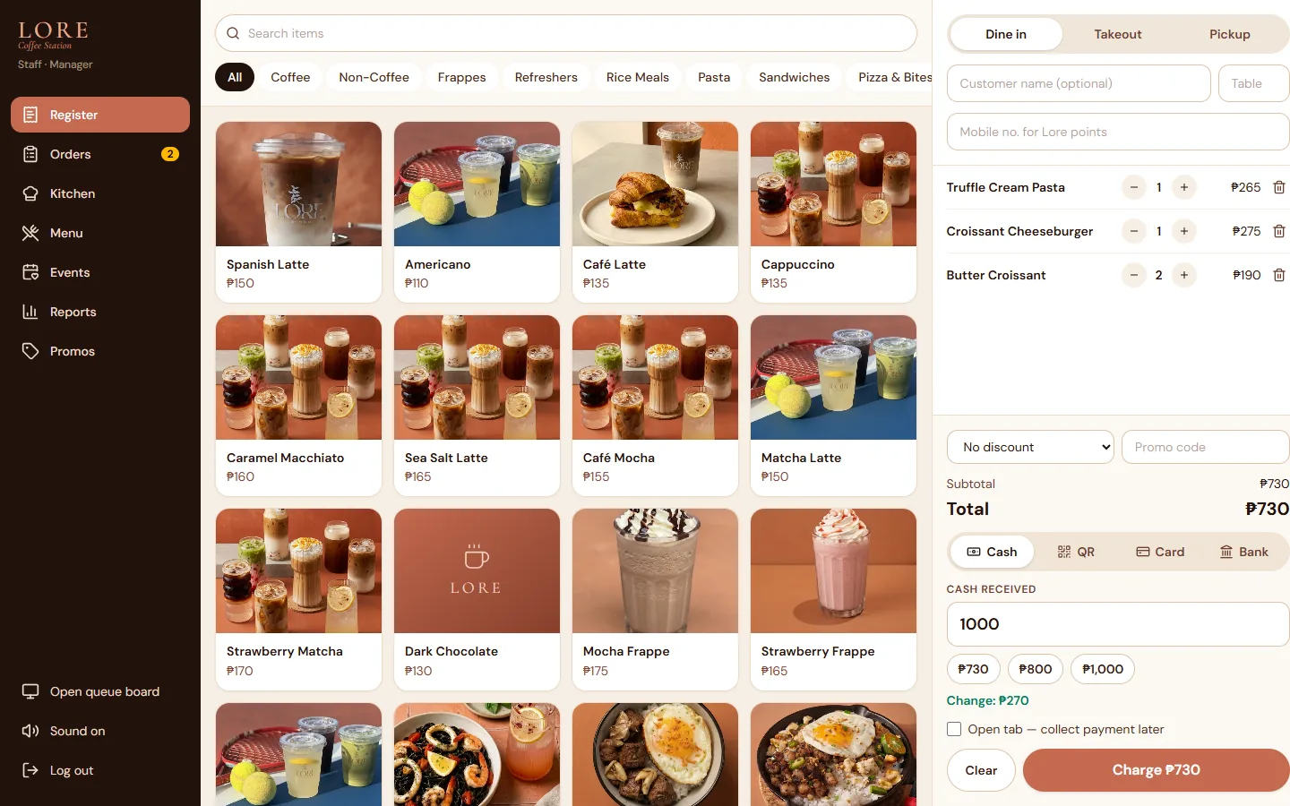 Cashier register with menu grid, ticket and cash change