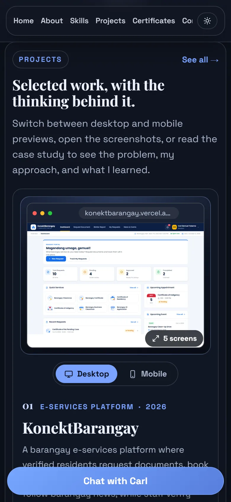 Projects section on mobile