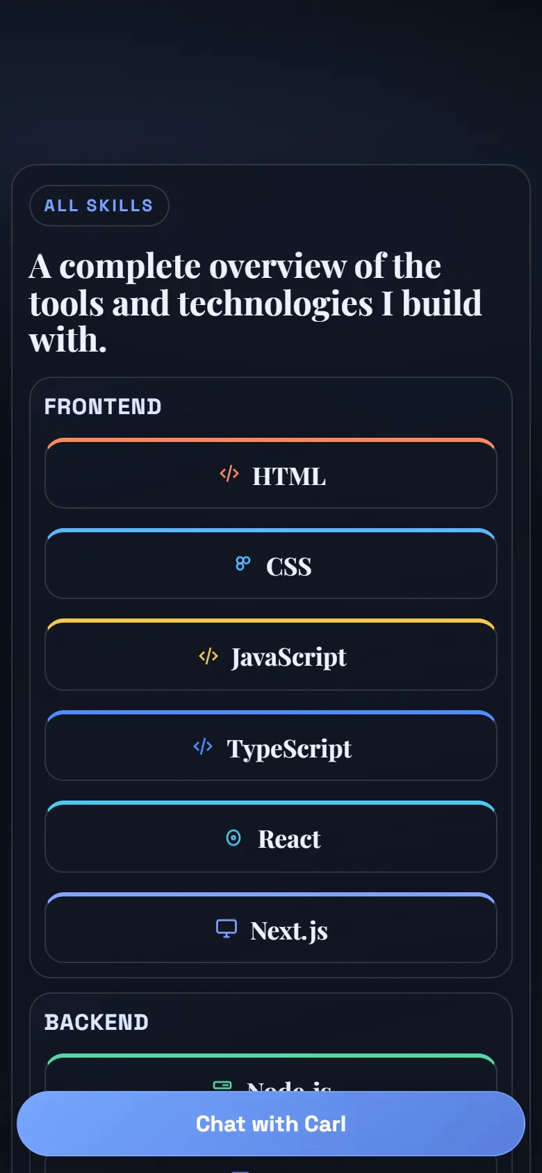 Skills page on mobile