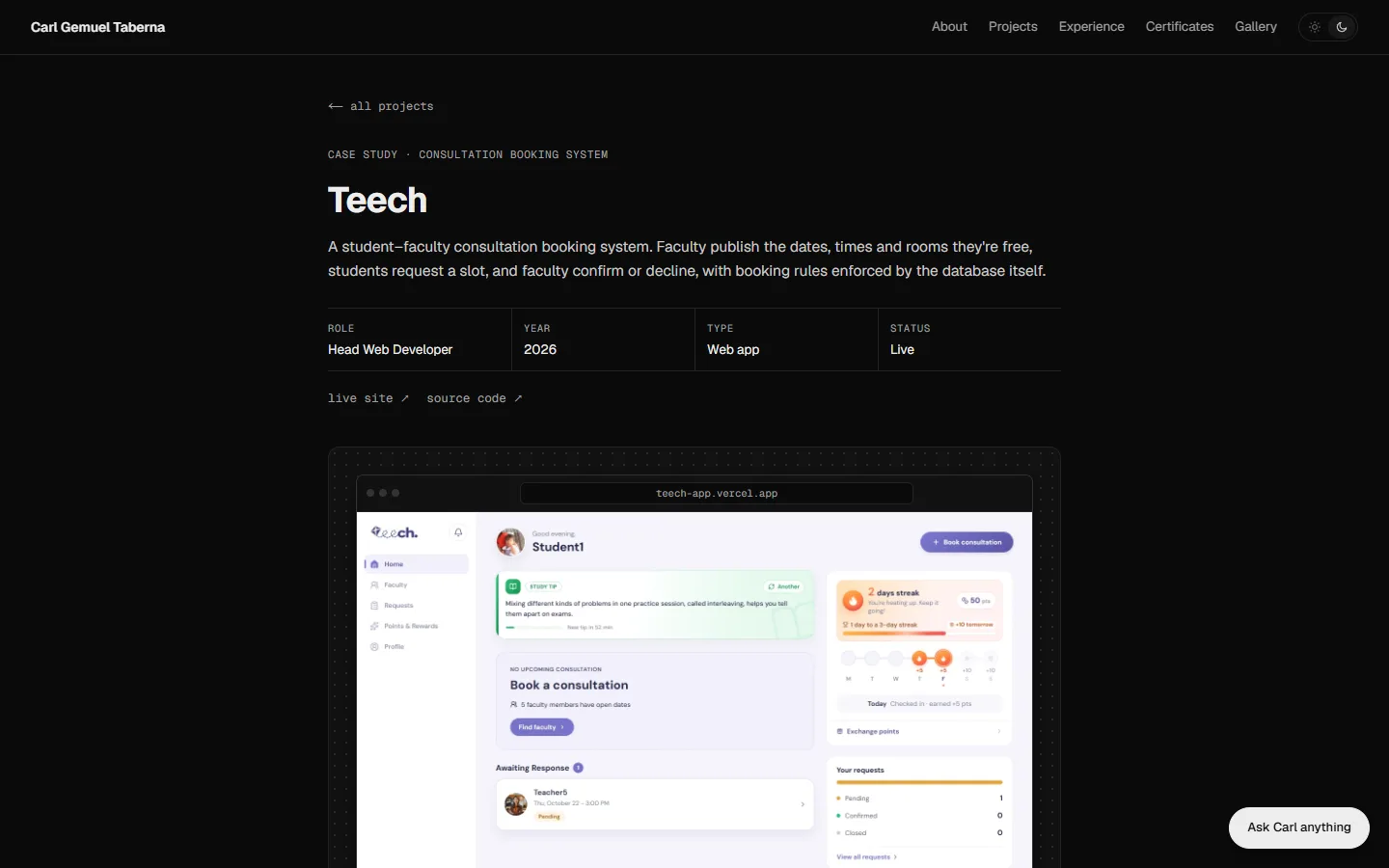 Teech case study page with a device preview