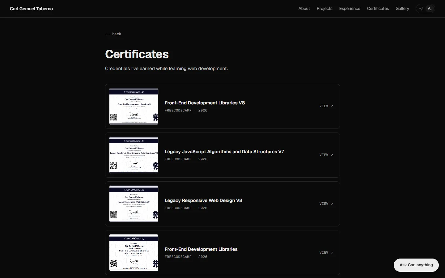 Certificates page