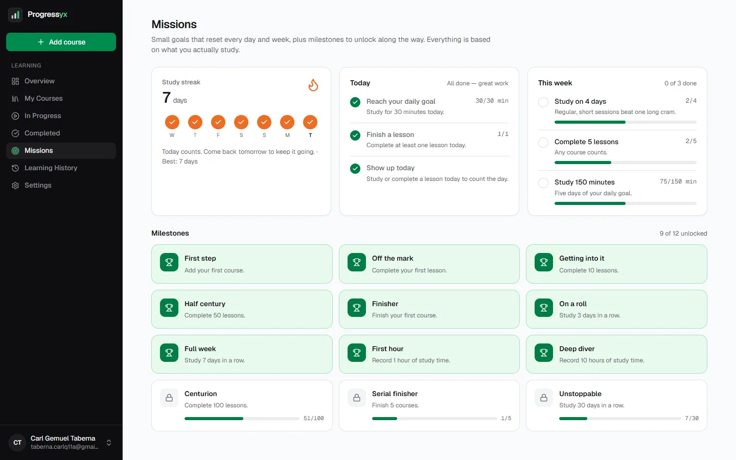 Missions page with streak, daily and weekly missions and milestones