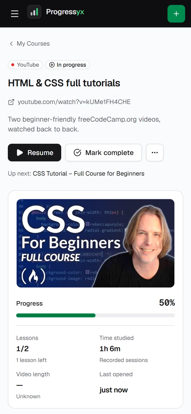 Course page on mobile