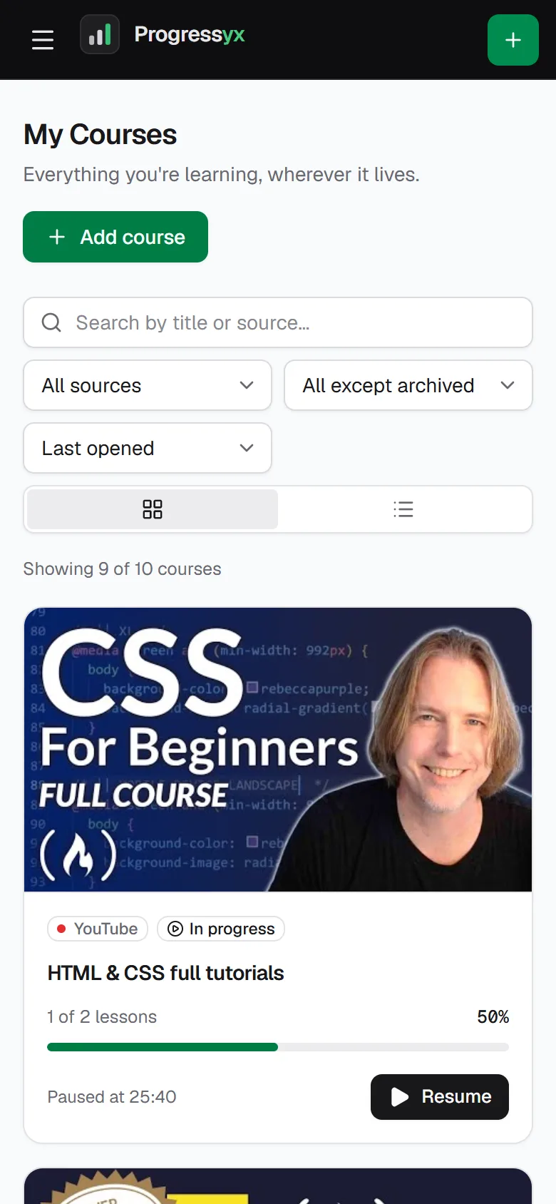 Course list on mobile