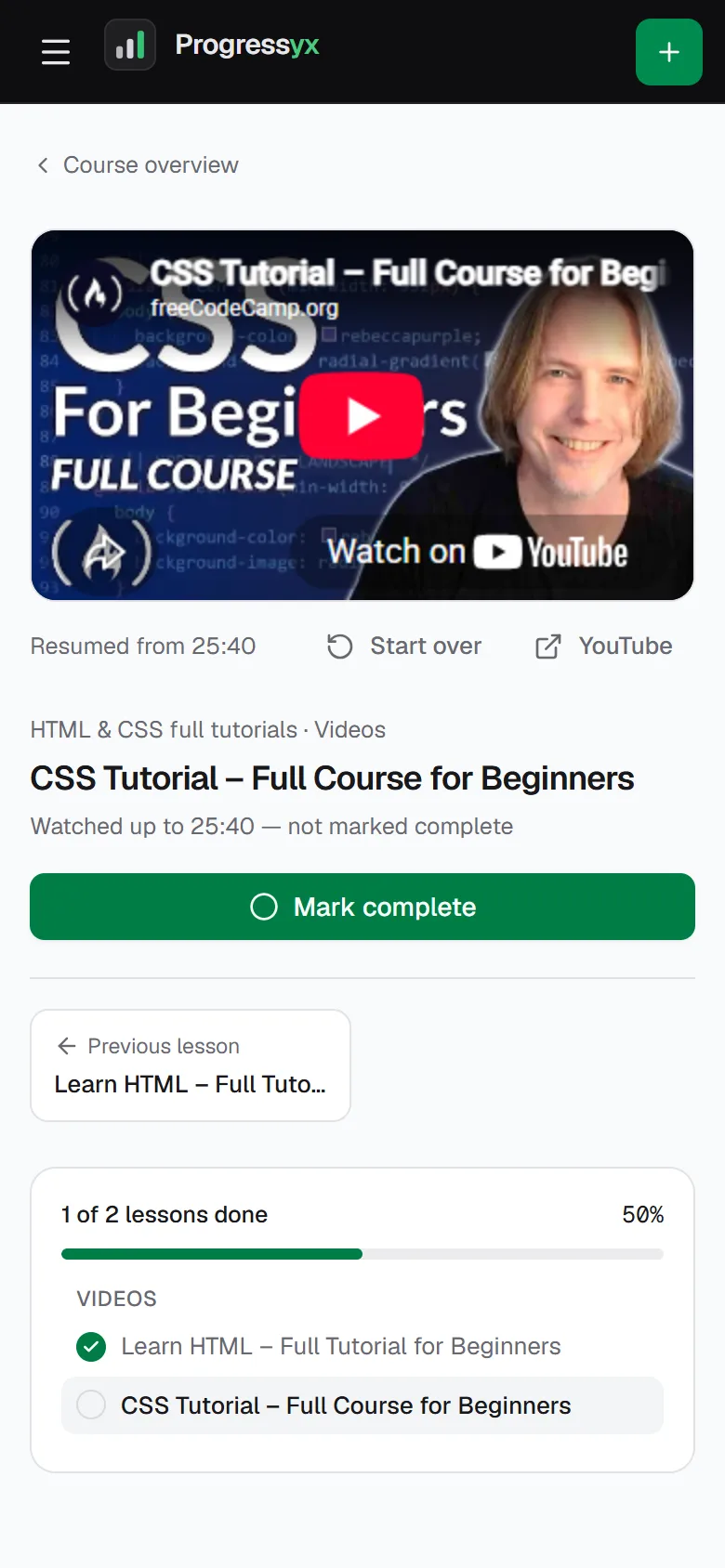 Lesson player on mobile